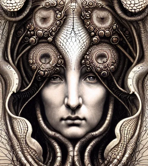 Image similar to detailed realistic beautiful scarab goddess face portrait by jean delville, gustave dore, iris van herpen and marco mazzoni, art forms of nature by ernst haeckel, art nouveau, symbolist, visionary, gothic, neo - gothic, pre - raphaelite, fractal lace, intricate alien botanicals, ai biodiversity, surreality, hyperdetailed ultrasharp octane render