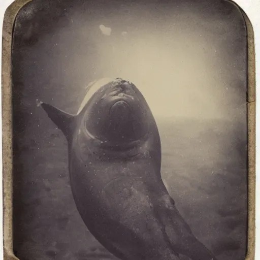 Prompt: underwater tintype photo of whale eating a mermaid