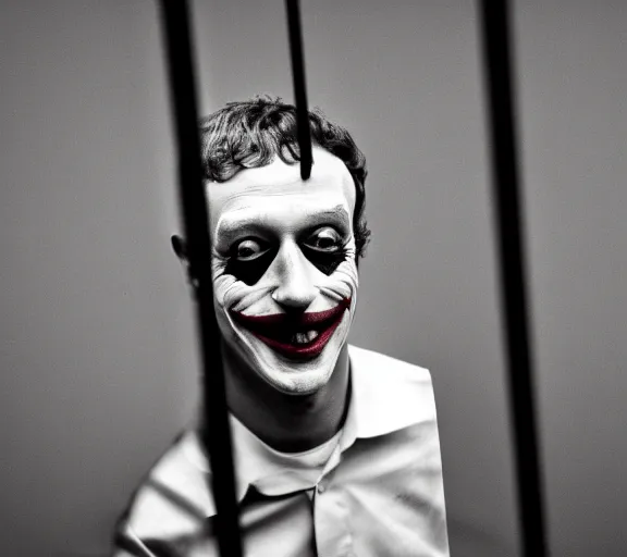 Prompt: Joachim Brohm photo of 'mark zuckerberg as joker laughing behind jail bars', high contrast, high exposure photo, monochrome, DLSR, grainy, close up