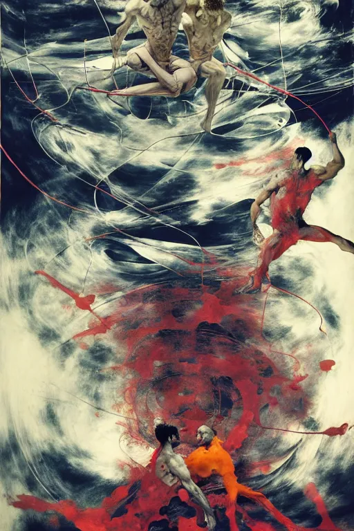 Prompt: two muscular men entwined, floating in space, zero gravity, dramatic movement inside a brutalist space ship, gothic, rich deep colours, painted by francis bacon, adrian ghenie, james jean and petra cortright, part by gerhard richter, part by takato yamamoto. 8 k masterpiece