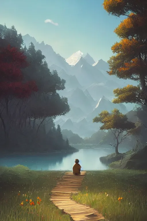 Prompt: beautiful matte painting by goro fujita concept empty world art fantasy path mountains and meadow in the background near a lake reflecting the trees, atmospheric lighting, painted, intricate, volumetric lighting, beautiful, rich deep colors masterpiece, sharp focus, ultra detailed by