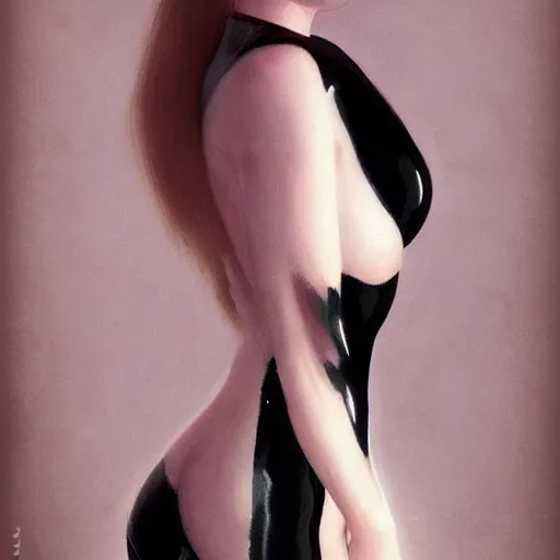 Image similar to Elle Fanning wearing a black latex suit in the style of Paola Vetri, head and shoulders portrait, stormy weather, extremely detailed masterpiece, oil on canvas, low-key neon lighting, artstation, Blade Runner 2049, Roger Deakin’s cinematography, by J. C. Leyendecker and Peter Paul Rubens and Edward Hopper and Michael Sowa,