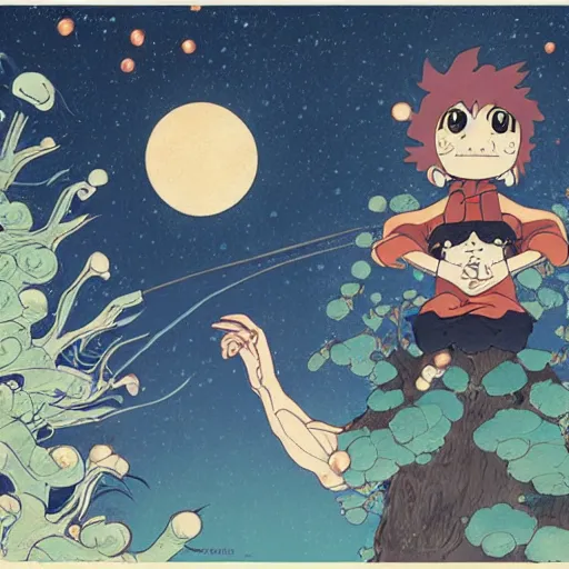 Image similar to a viscerous hyperdetailled character design illustration of the tiny boy in a giant world, scales, size, huge, wanderer in the tree universe, style of studio ghibli, artgerm ( ukiyo - e influence )