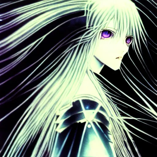 Image similar to Yoshitaka Amano blurred and dreamy illustration of an anime girl with wavy white hair and cracks on her face wearing Elden ring armour with the cape fluttering in the wind, abstract black and white patterns on the background, noisy film grain effect, highly detailed, Renaissance oil painting, weird portrait angle