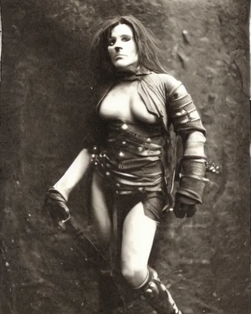 Image similar to female half orc with leather clothing, photo by gertrude kasebier