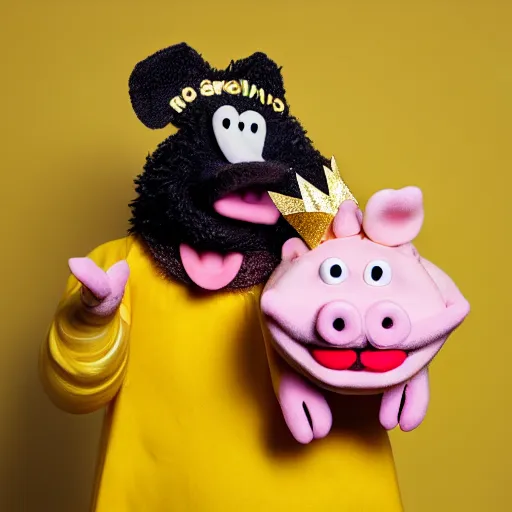 Prompt: studio photograph of a smiling pig depicted as a muppet wearing a gold crown eating from a snack bag with a yellow background, front view