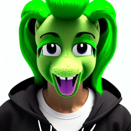 Prompt: a stoner with a black hoodie on with a marijuana themed green pony head from my little pony, 3 d, blender 3 d, render, beautiful