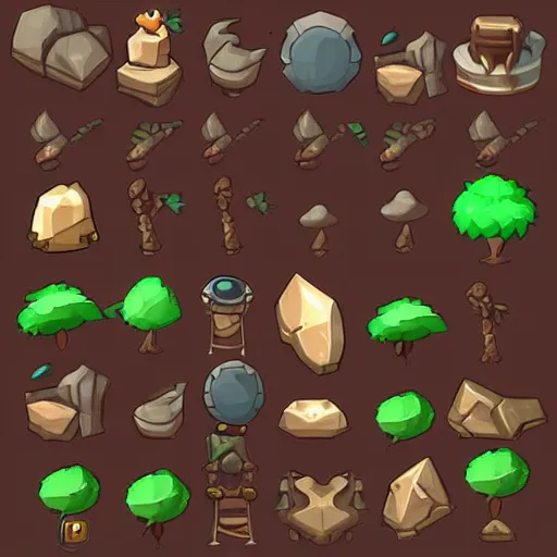 Prompt: A game assets spritesheet by dofus online, terrain, trees and scenario assets, vector art, very detailed