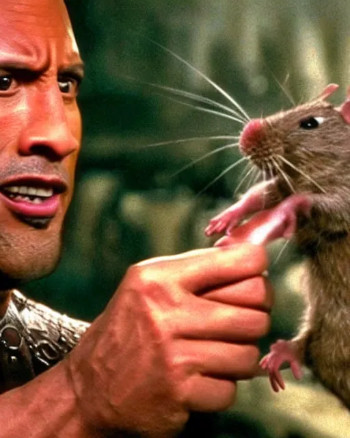 Image similar to film still close - up shot of dwayne johnson as stanley ipkiss petting a mouse in the movie the mask. photographic, photography