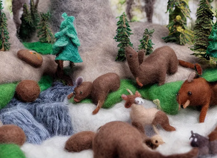 Image similar to high - res photograph of a felt sculpture diorama with cute fluffy forest critters, highly detailed sculpey diorama, forest setting, waterfall backdrop, realistic materials, wood, felt, cloth, burlap, smooth, sharp foccus, commercial product photography,