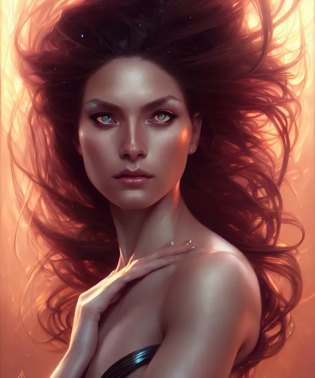 Image similar to futuristic woman portrait, sci-fi, amber eyes, face, long hair, fantasy, intricate, elegant, highly detailed, digital painting, artstation, concept art, smooth, sharp focus, illustration, art by artgerm and greg rutkowski and alphonse mucha