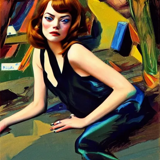 Image similar to emma stone in soviet street 1 9 7 0 s, sharp focus, detailed, art by artgerm trufanov rolf armstrong, lucian freud dragan bibin