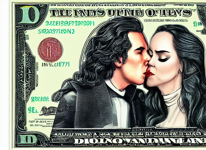 Image similar to reylo kiss dollar bill