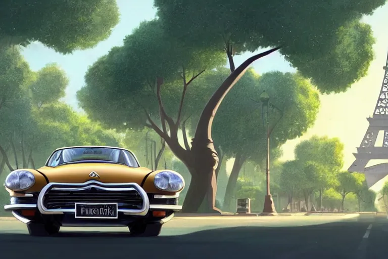 Image similar to a wholesome animation key shot of!! one!! focused! 1 9 7 4 citroen ds! in a tree lined paris street, view of eiffel tower, medium shot, studio ghibli, ( pixar ) and disney animation, sharp, very detailed, high resolution, rendered in unreal engine 5, anime key art by greg rutkowski, bloom, dramatic lighting