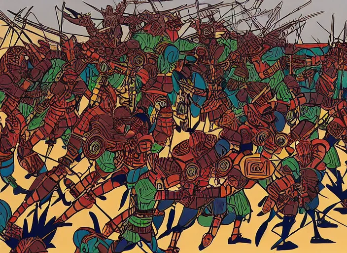 Image similar to trojan warriors in battle versus the us army in the style of artist eyvind earle