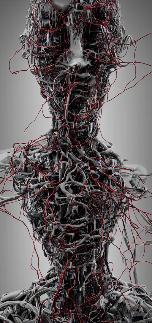 Image similar to human figure consumed by wires and machinery, scary, body horror, human bodies, disturbing, weird, creepy, 4K