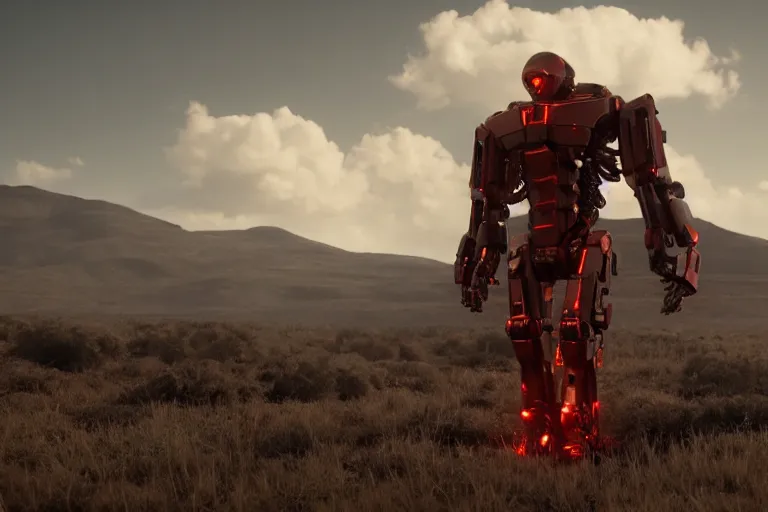 Image similar to a cinematic still from Westworld, red mech, armored core, humanoid servo, octane render, nvidia raytracing demo, masterpiece