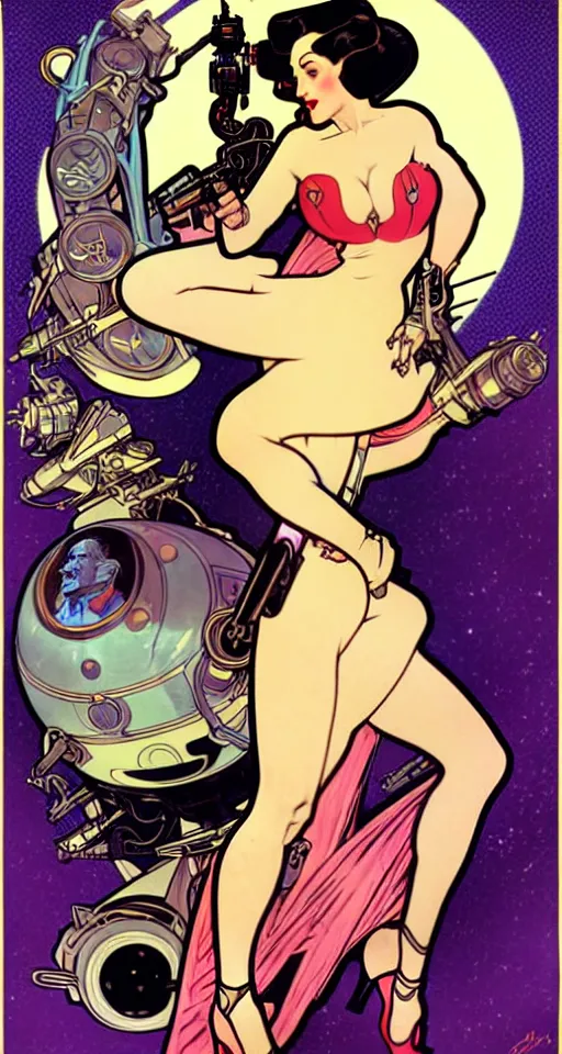 Image similar to a retro future science fiction pinup illustration of dita von teese, alphonse mucha, alberto vargas, gil elvgren, diesel punk.