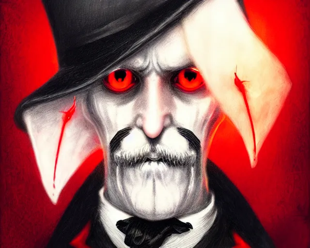 Image similar to closeup profile portrait of jack the ripper with glowing red eyes and bat wings, nicoletta ceccoli, mark ryden, lostfish, max fleischer, hyper realistic, artstation, illustration, digital paint, matte paint, vivid colors, bright, cheerful, detailed and intricate environment