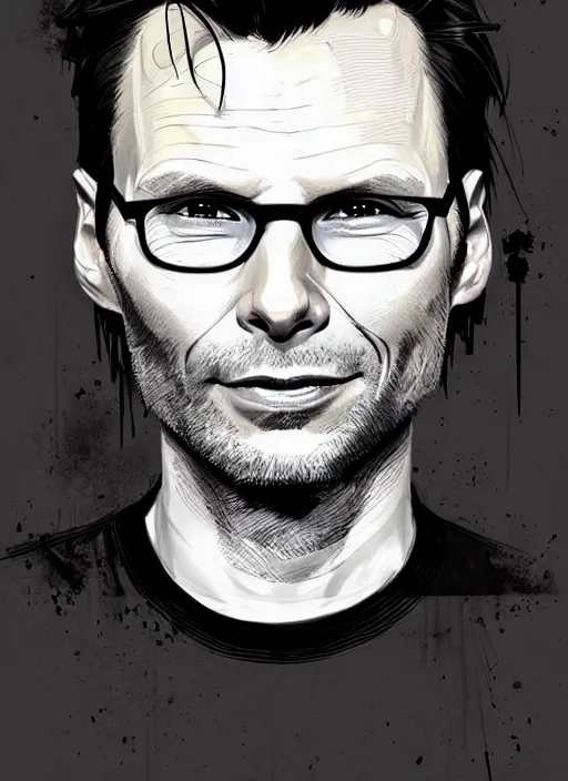 Image similar to highly detailed portrait of beautiful christian slater, stubble, old, as mr robot, grey hair, by atey ghailan, by greg rutkowski, by greg tocchini, by james gilleard, by joe fenton, by kaethe butcher, gradient green, black and white color scheme, grunge aesthetic!!! ( ( graffiti tag wall background ) )