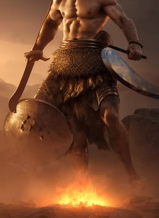 Image similar to portrait of a spartan hoplite hero, long blond hair and beard, perfect facial symmetry + dim volumetric lighting, 8k octane beautifully detailed render, post-processing, extremely hyperdetailed, intricate, epic composition, grim yet sparkling atmosphere, cinematic lighting + masterpiece, trending on artstation