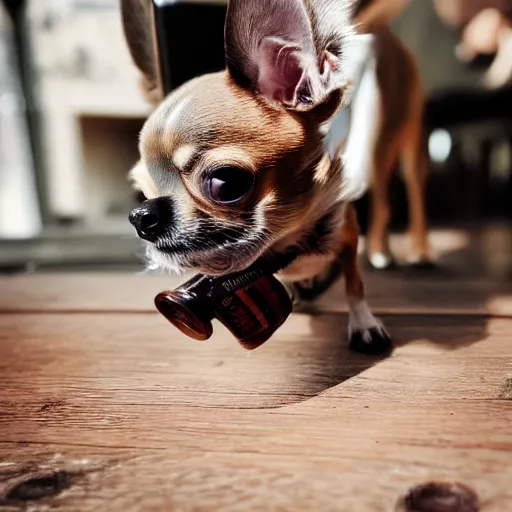 Prompt: a chihuahua drinking beer, professional photography