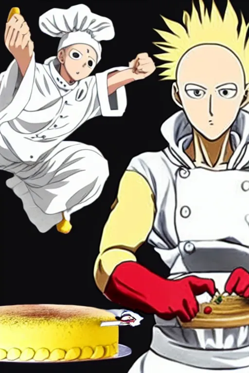 Prompt: chef saitama one punch man, dressed as a pastry chef, making a cake, masterpiece anime artwork