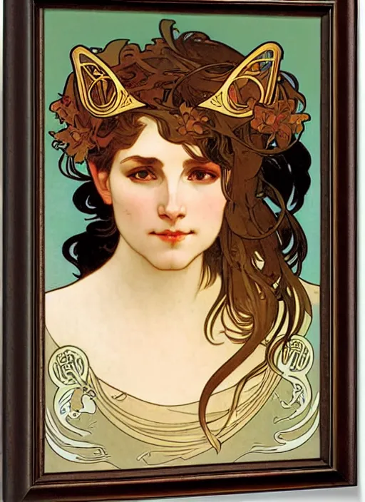 Image similar to a head and shoulders portrait of a female bard, d & d, fantasy art, award winning, fox ears, by alphonse mucha