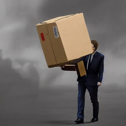 Image similar to photography, emmanuel macron carrying a box, relocation, ultra realistic, concept art, intricate details, highly detailed, photorealistic