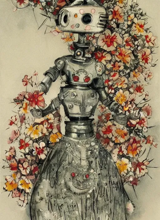 Image similar to Louis Icart, an old elaborate painting of a robot with flowers coming out its head, highly detailed, masterpiece