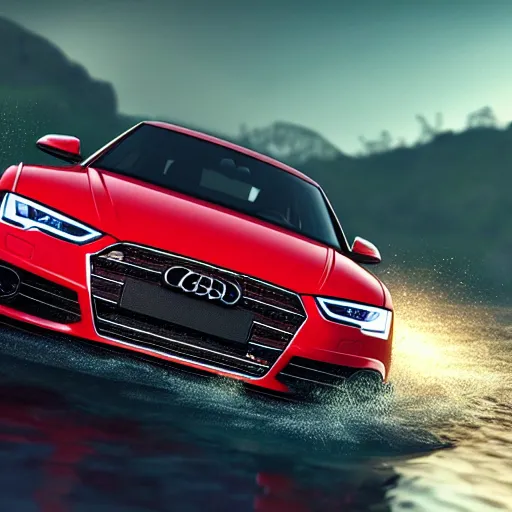 Image similar to audi 5 rs sportback jumping over river, cinematic, cinematic lighting, trending on Artstation, Cgsociety, detailed, 4k, very realistic
