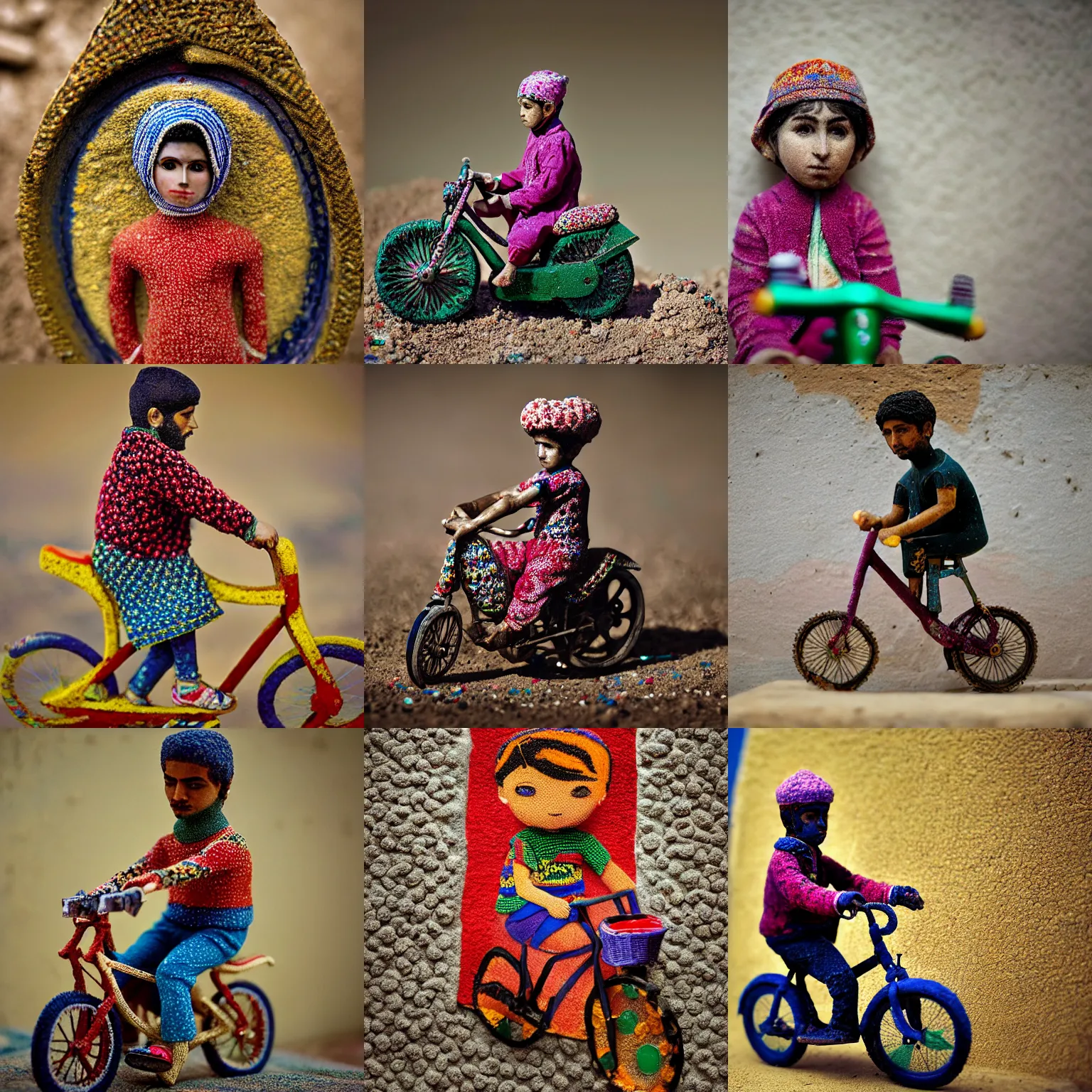 Image similar to portrait of a carpeted figurine of Iranian child on a bike, colourful, detailed, depth of field, intricate, delicate, by Jonas Jensen, Magnum photos