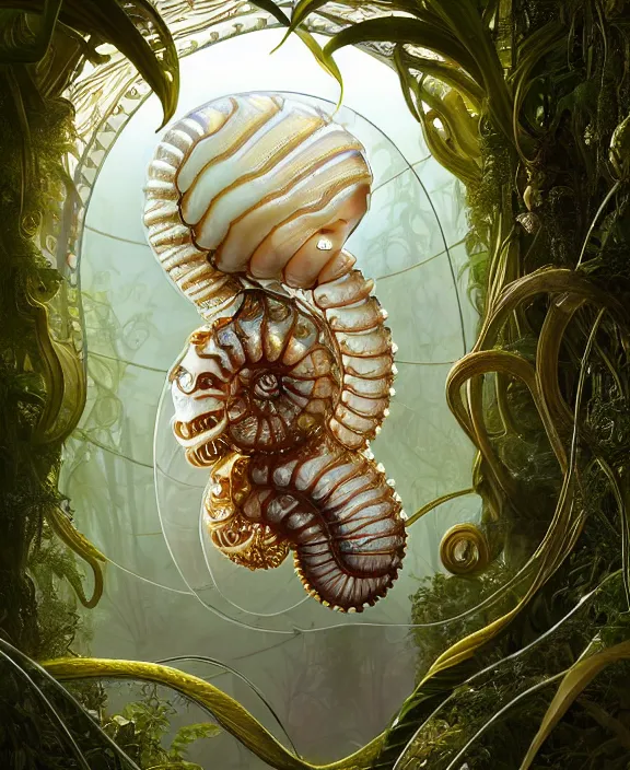 Image similar to intricate ornate opulent transparent clear see - through portrait of a horrific beautiful male human isopod nautilus tornado, adorable, childlike, overgrown jungle environment, ultra realistic, concept art, art nouveau, photorealistic, octane render, 8 k, unreal engine. art by christopher marley and artgerm and greg rutkowski and alphonse mucha