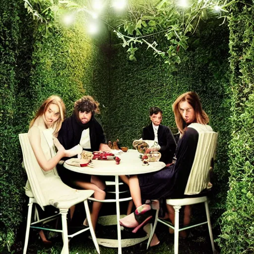 Prompt: four people are sitting on a garden table at night. photo by mario testino