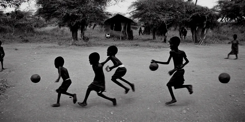 Image similar to kenyan village, black kids playing football, film photography, exposed b & w photography, christopher morris photography, bruce davidson photography, peter marlow photography