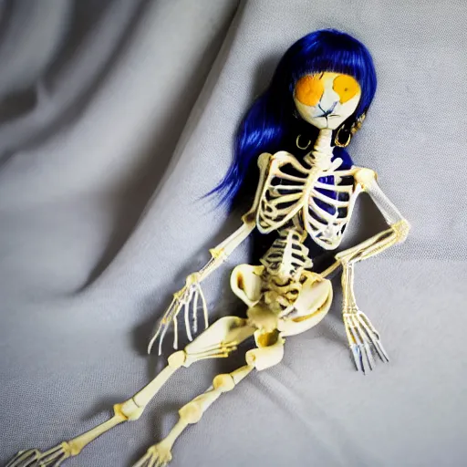 Image similar to lovely realistic ball jointed high end lapis lazuli with gold inclusions skeleton doll with cute white yellow overalls and cute nature themed accessories, inside gothic doll manor bedroom, god rays, dust particles, photorealistic, aesthetic shot, worms eye view, macro camera lens, high definition, thematic, cinematic, lens flare