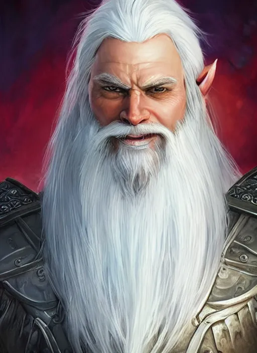 Image similar to man with white hair and white goatee, dndbeyond, bright, colourful, realistic, dnd character portrait, full body, pathfinder, pinterest, art by ralph horsley, dnd, rpg, lotr game design fanart by concept art, behance hd, artstation, deviantart, hdr render in unreal engine 5