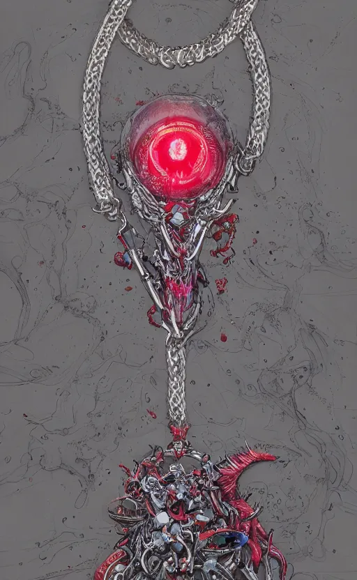 Prompt: a close view of a necklace with a small red crystal pulsing light, cloth accessories, front game card, drark, marvel comics, dark, intricate, highly detailed, smooth, artstation, digital illustration by ruan jia and mandy jurgens and artgerm and wayne barlowe and greg rutkowski and zdislav beksinski