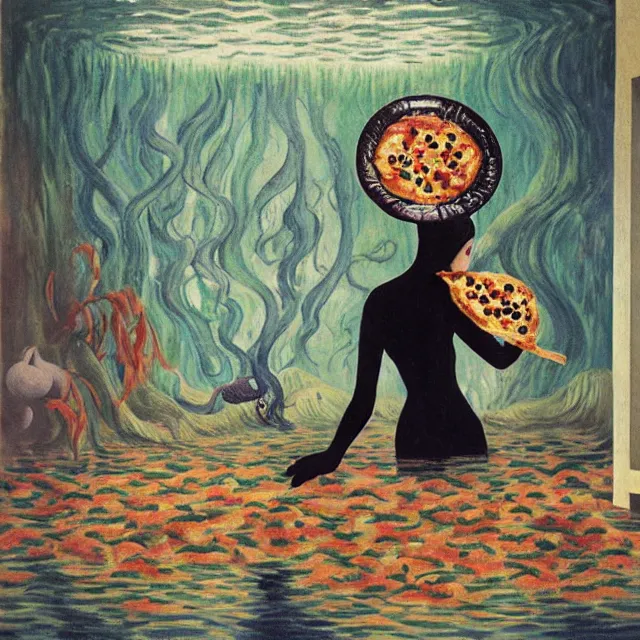 Image similar to tall female catgirl artist holding pizza in her flooded apartment, pomegranates, octopus, water gushing from ceiling, painting of flood waters inside an artist's apartment, a river flooding indoors, mushrooms, ikebana, zen, rapids, waterfall, black swans, canoe, berries, acrylic on canvas, surrealist, by magritte and monet