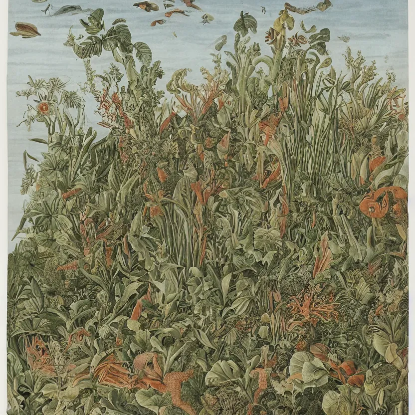 Prompt: Plants under the tsunami by Maria Sibylla Merian