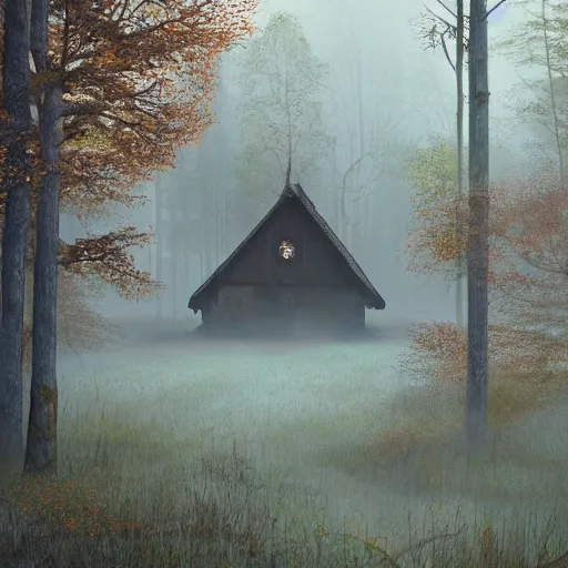 Prompt: an old hut in an autumn forest, shaman is near, green and brown tones, by Aron Wiesenfeld and beksincki, cinematic, detailed illustration, nature, fog, dark colors, suspense, intricate, 8k