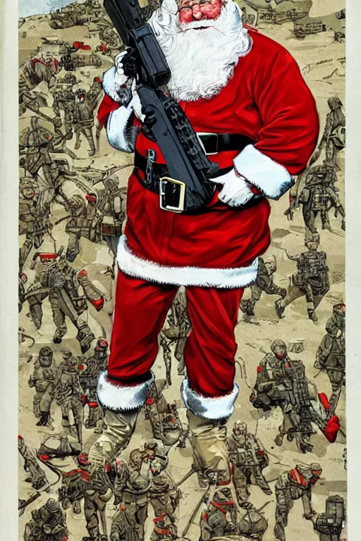 Image similar to concept of Santa Claus holding a M61 Vulcan and wearing an army harness vest full of pouches, by Geof Darrow and Simon Bisley, detailed, full body