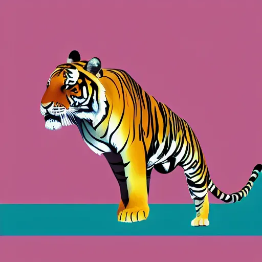 Image similar to tiger walking with backdrop showing the sky, palm tres. the tiger has sharp claws and teeth. in minimal colourful geometric illustration style digital painting