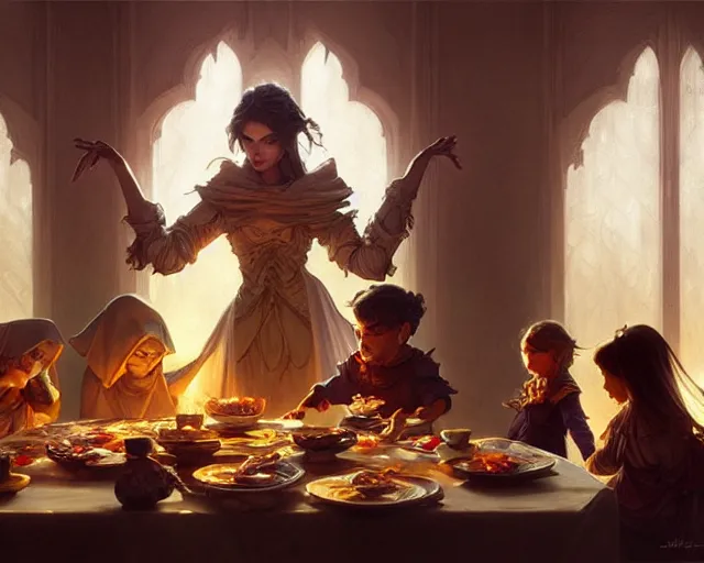 Prompt: a ghost looking at a family eating dinner, deep focus, d & d, fantasy, intricate, elegant, highly detailed, digital painting, artstation, concept art, matte, sharp focus, illustration, hearthstone, art by artgerm and greg rutkowski and alphonse mucha