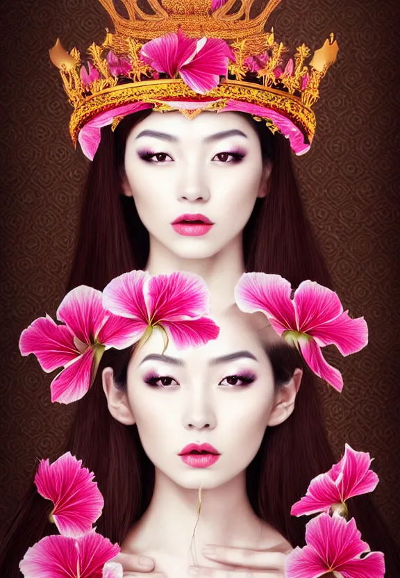 Image similar to beautiful oriental woman with gorgeous crown, symmetrical portrait, realistic, full body, white snake wrapped around body, hibiscus rosa - sinensis, rich in detail, by wlop