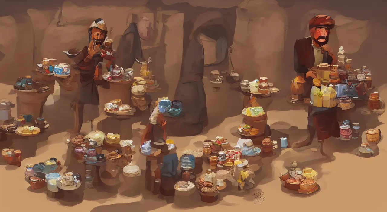 Prompt: A desert shopkeeper selling canteens, trending on artstation