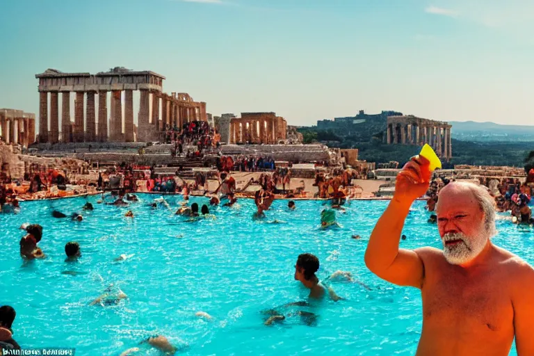 Image similar to Socrates eating a translucent turquoise hemlock popsicle at the last pool party he will ever attend, he is comforted by his disciples, large cloud of fire engulfs him, the acropolis can be seen in the background, in the style of Martin Parr The Last Resort, ring flash closeup photograph