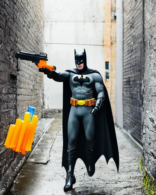 Image similar to happy batman firing super soaker water gun in an alleyway, everyone having fun, product advertisement, photography