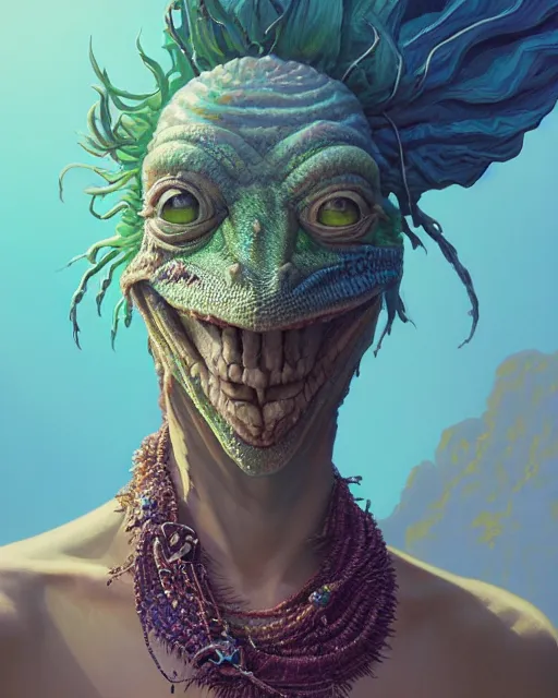 Prompt: highly detailed surreal vfx portrait of a lizard person with a necklace, wearing a toga, stephen bliss, unreal engine, greg rutkowski, loish, rhads, beeple, makoto shinkai and lois van baarle, ilya kuvshinov, rossdraws, tom bagshaw, alphonse mucha, global illumination, detailed and intricate environment