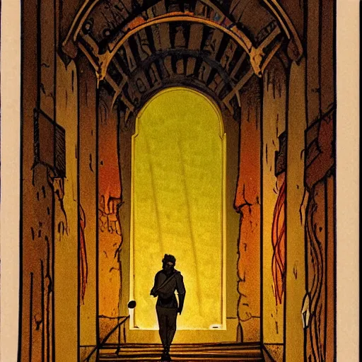 Image similar to a man holds a torch and explores a Dungeon, luminous, Art Nouveau